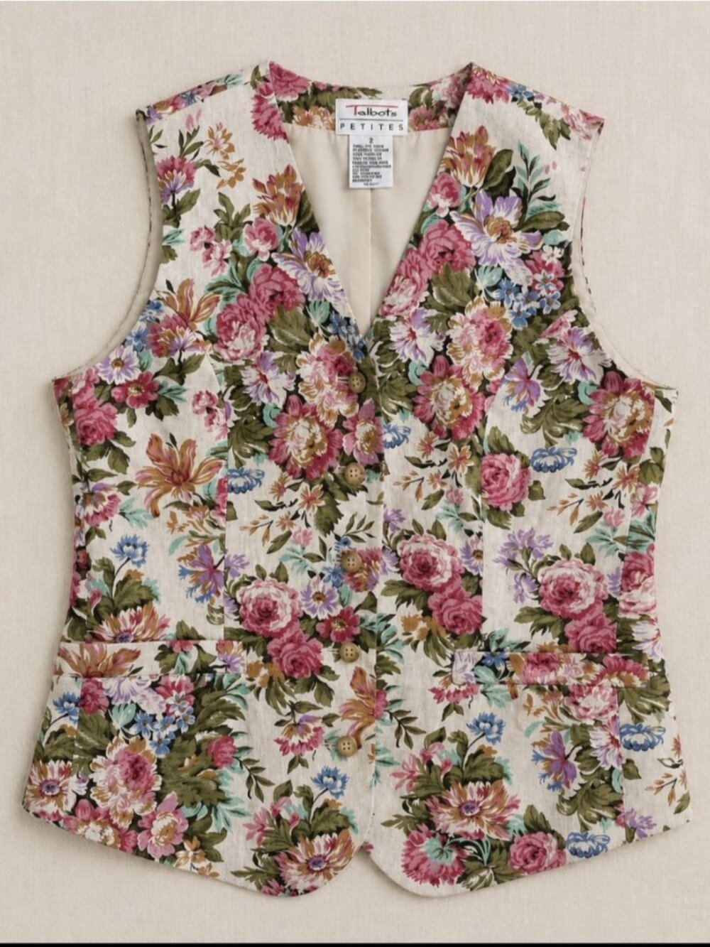 90s Talbots Petites Floral Linen Vest Woman XS Cottagecore Button Front Vintage